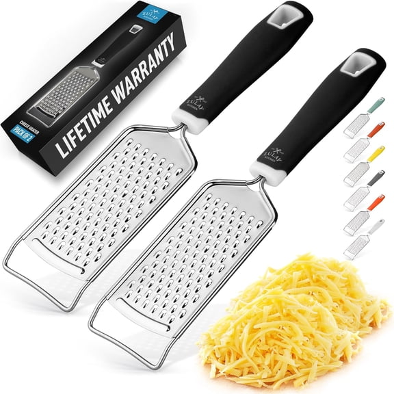 Zulay Kitchen Professional Cheese Grater Stainless Steel - Durable Rust-Proof Metal Lemon Zester Grater With Handle - Flat Handheld Shredder for Parmesan, Chocolate, Spices, And More - 2 Pack