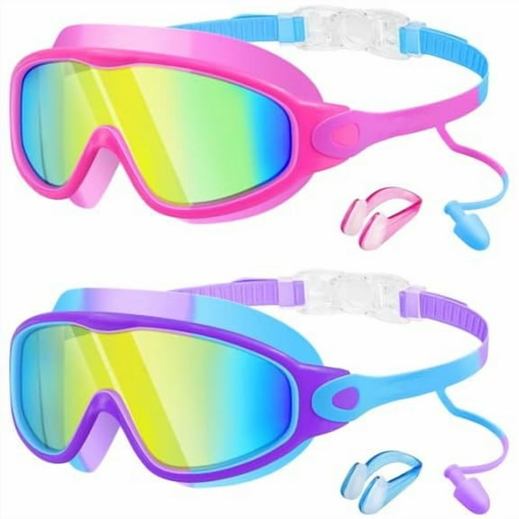 Swim Goggles, Kids Goggles with Earplugs& Nose Clip Wide View Anti-Fog Swimming Goggles （Blue red dazzling colors purple blue dazzling colors）