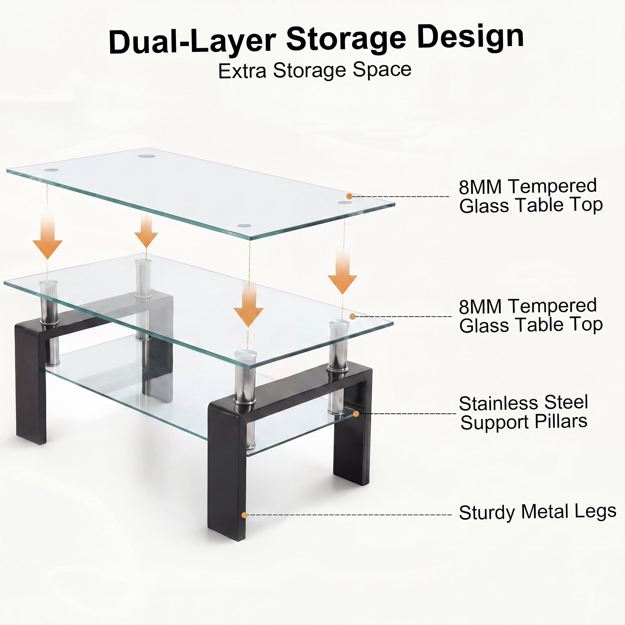 Glass Coffee Table with Lower Shelf, Holaki Modern Rectangular Tempered Glass Center Table with Metal Legs for Living Room, Black