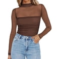 thumbnail image 2 of hlysgo Womens Mesh Sheer Long Sleeve Top Mock Turtle Neck Shirts Ruched Casual Going Out Blouses Brown,L, 2 of 5