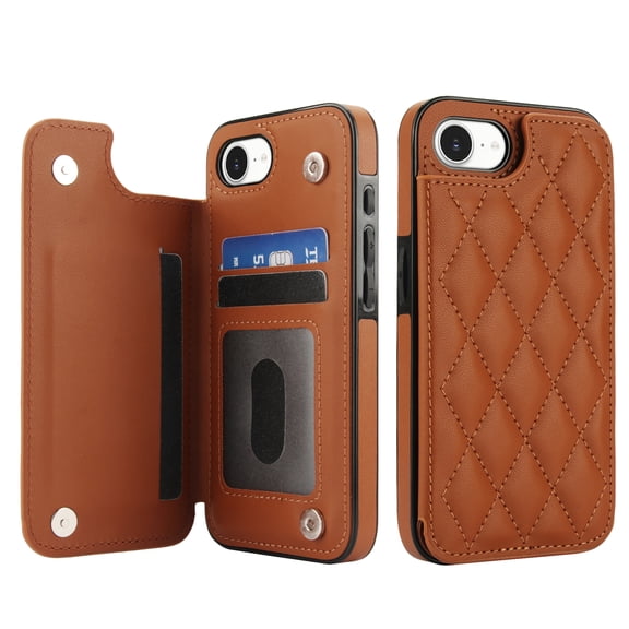 ELEHOLD Case for iPhone 16e, Luxury RFID Wallet Phone Case, Leather Shockproof Cover, Kickstand Function, Brown