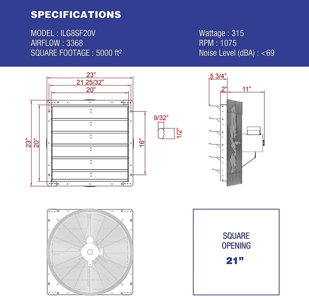 New Upgraded iLIVING 20 Inch Variable Speed Shutter Exhaust Fan, Wall-Mounted, Includes Power Cord