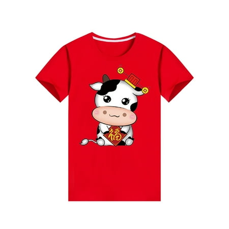 

ERTUTUYI New Year Boy Girl Kid Casual Short Sleeve Printed O-Neck Blouse T-Shirt Tops Red 130
