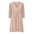 thumbnail image 4 of Linen 3/4 Sleeve Dress for Womens Deep V Neck Sundress Baggy Boho Pleated Sundress Cover Up Solid Basic Tunics Dresses Going Out Holiday Beach Outfits, 4 of 5