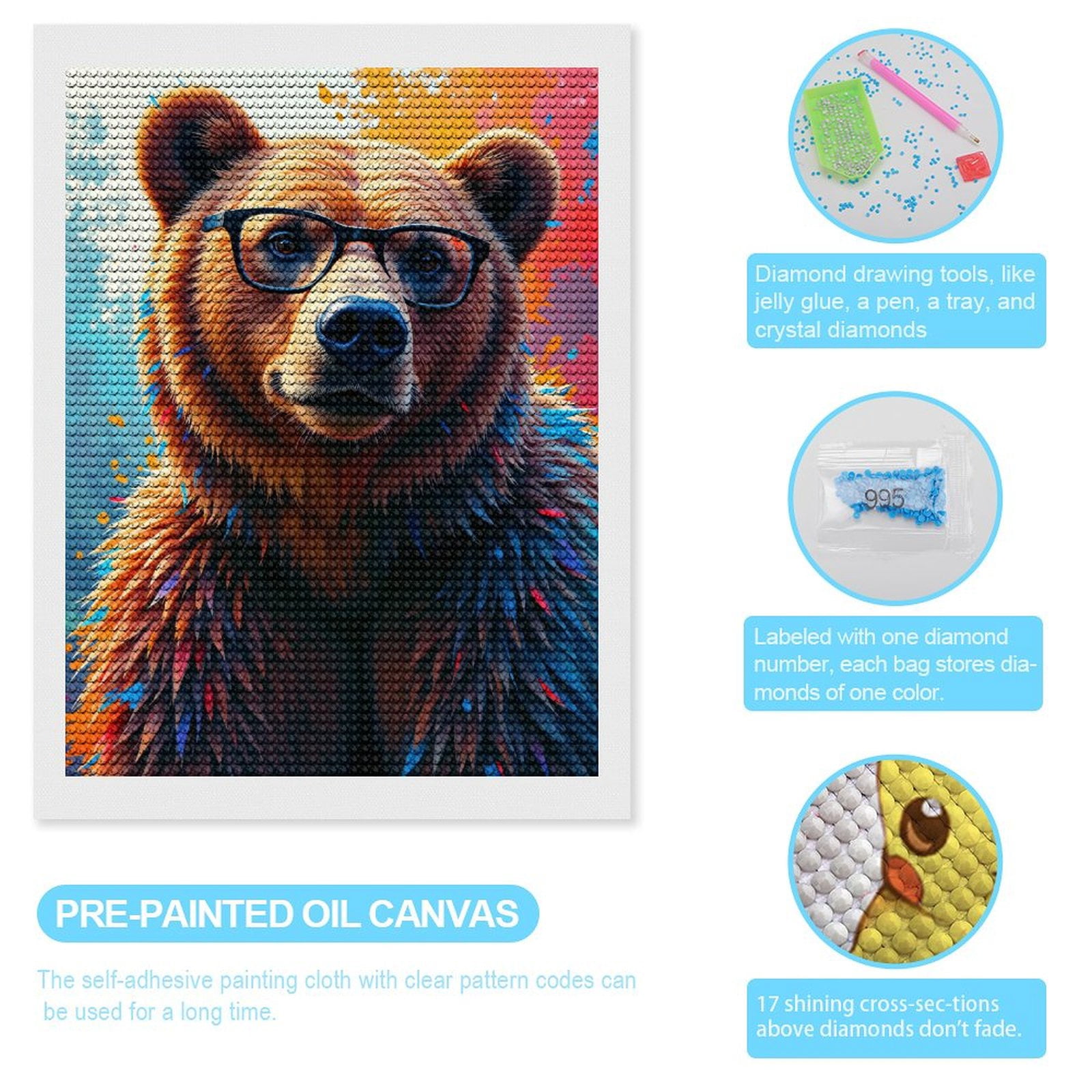 Diamond Art Kits for Adults, Bear With Glasses Colorful Portrait 5D Diamond Painting Kits for Adults Beginners, DIY Full Drill Diamond Painting, Gem Art and Crafts 12x16
