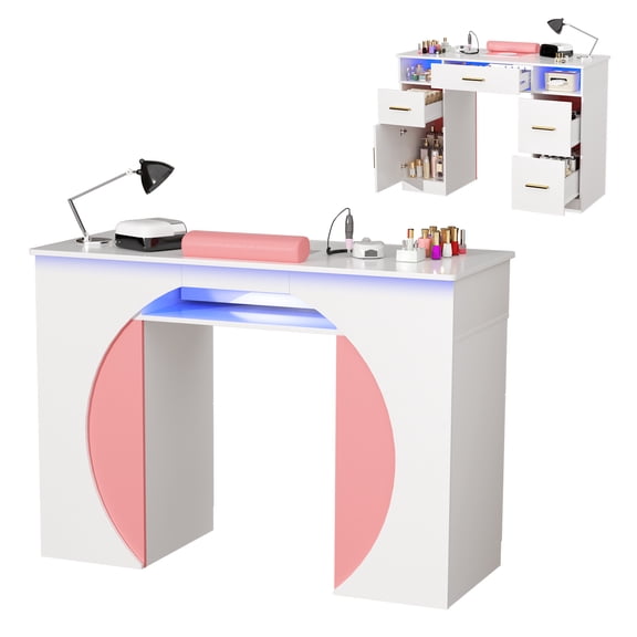 Advwin Modern Manicure Table with Dust Collector & LED Lights, Nail Tech Desk with Storage Drawers & Wrist Rest, Curved Color-Block Nail Salon Workstation for Home, Beauty Studio, White and Pink
