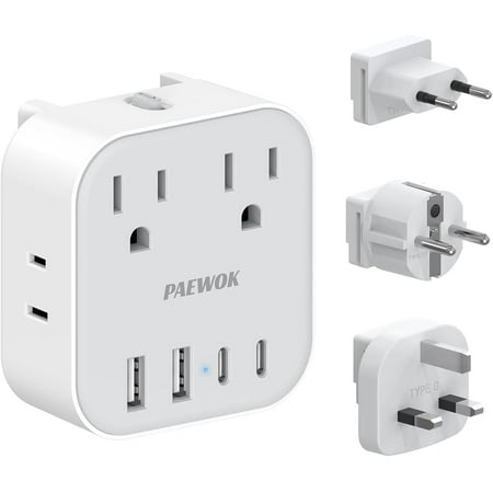 European Travel Plug Adapter Set, 8-in-1 Travel Adapter with 4 Outlets, 4 USB Ports (2 USB C), US to UK/EU Universal Travel Adapter, International Power Adapter with Type G/E/F/C Detachable Plugs