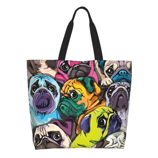 Balery Colorful Pug Bolsa Tote Estilo Estético con Cremalleras, Bolsa de Hombro, Bolsa de Compras Grande y Plegable