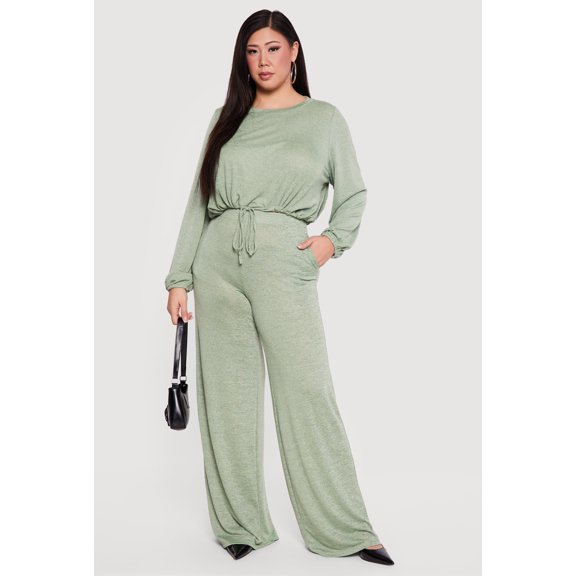 Women's Plus Size High Waisted Wide Leg Brushed Knit Pants