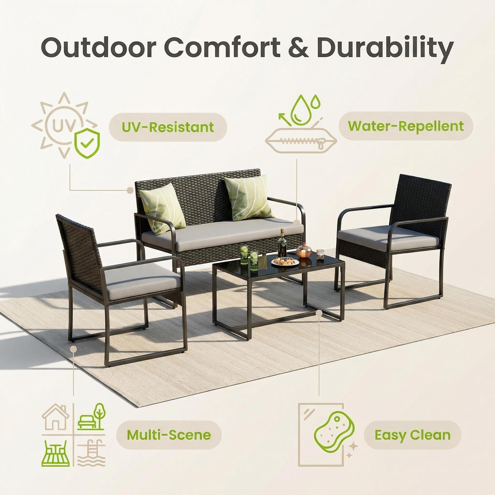 Lofka 4-Piece Outdoor Wicker Patio Furniture Set - All-Weather Rattan Sofa Set with Glass Coffee Table & Waterproof Cushions for Backyard, Porch, Garden, Light Gray  Cushion