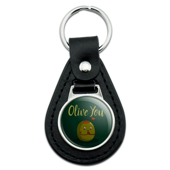Olive You I Love You Funny Black Leather Keychain