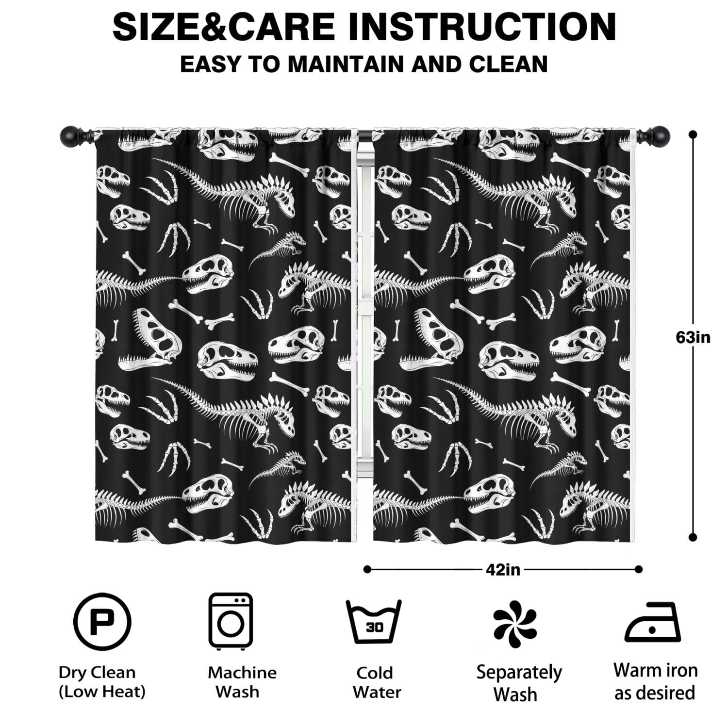 Blackout Kids Curtains,Black Cartoon Dinosaurs Skulls Skeletons Pattern Childrens Insulated Curtains Set Of 2,Bedroom Essentials,Toddler Room Decor 42"x63"