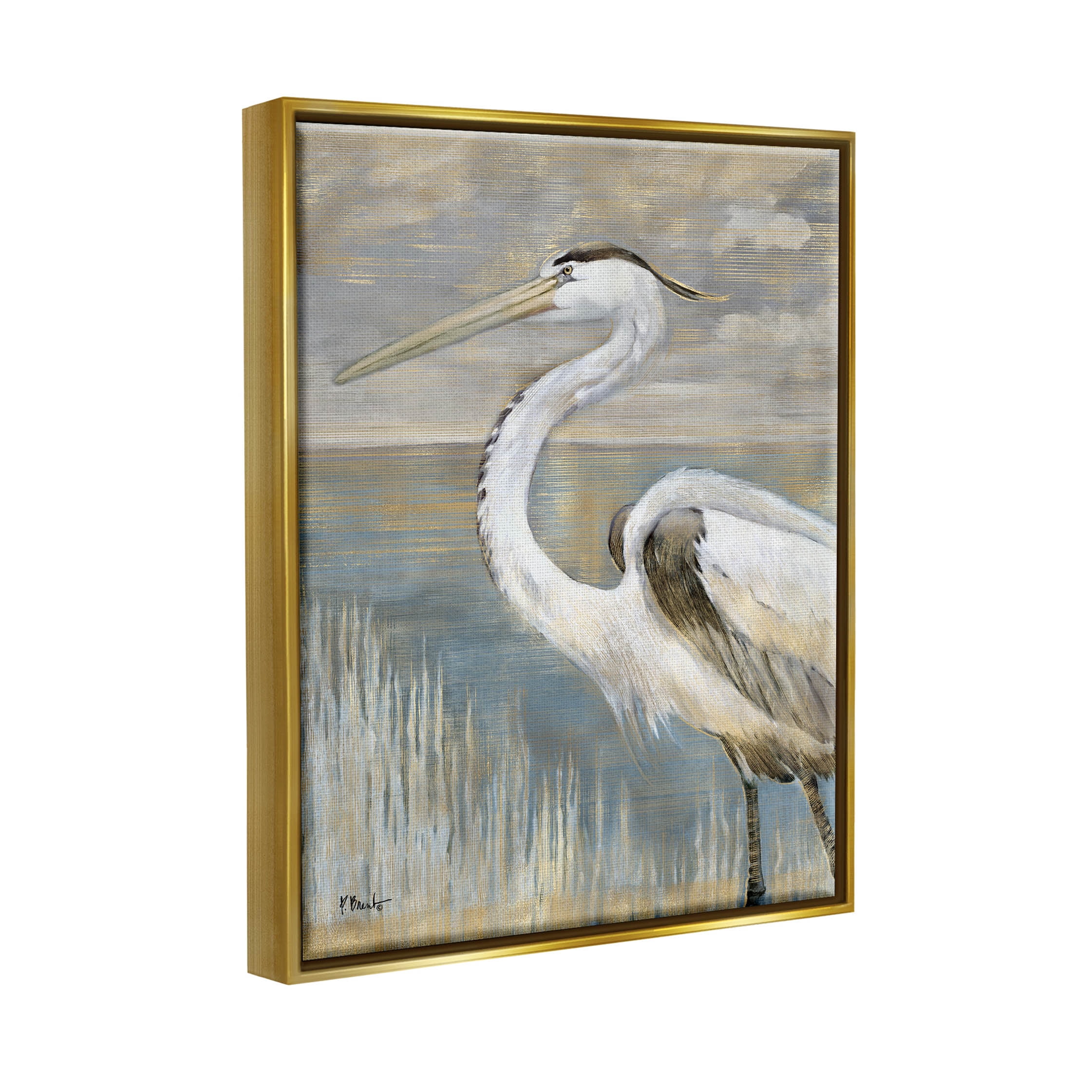 Stupell Industries Heron Bird Abstract Marshland Coast Painting Metallic Gold Floating Framed Canvas Print Wall Art, Design by Paul Brent