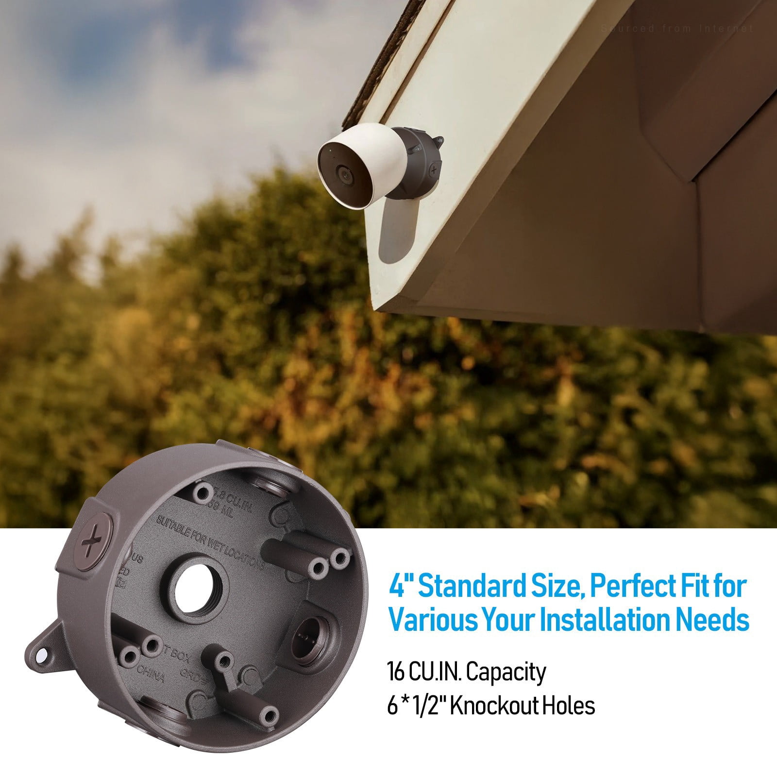 4 Pack 4 Inch Round Outdoor Electrical Box with Cover, Die-Cast Aluminum, IP65 Weatherproof, Six 1/2-Inch Knockouts, UL Listed, 16 Cubic Inch, Brown