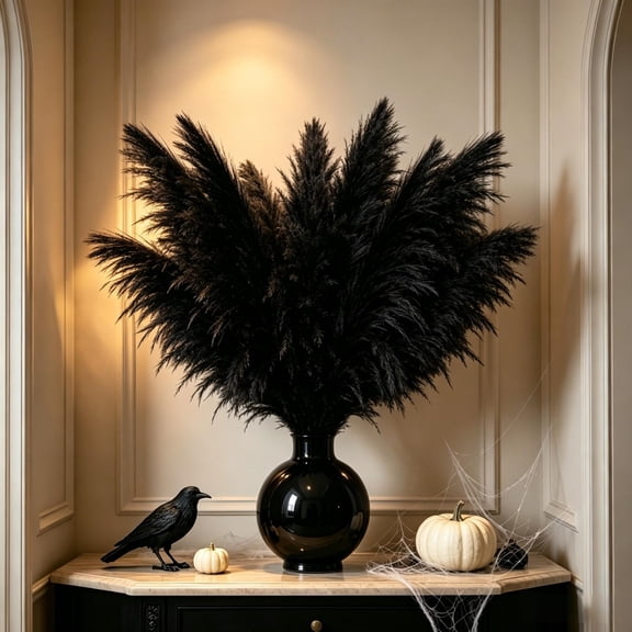 Tepsmf Black Artificial Pampas Grass Set of 10, Fluffy Faux Dried Plume Stems, Gothic Branches for Vase Table Fireplace Halloween Indoor Decor