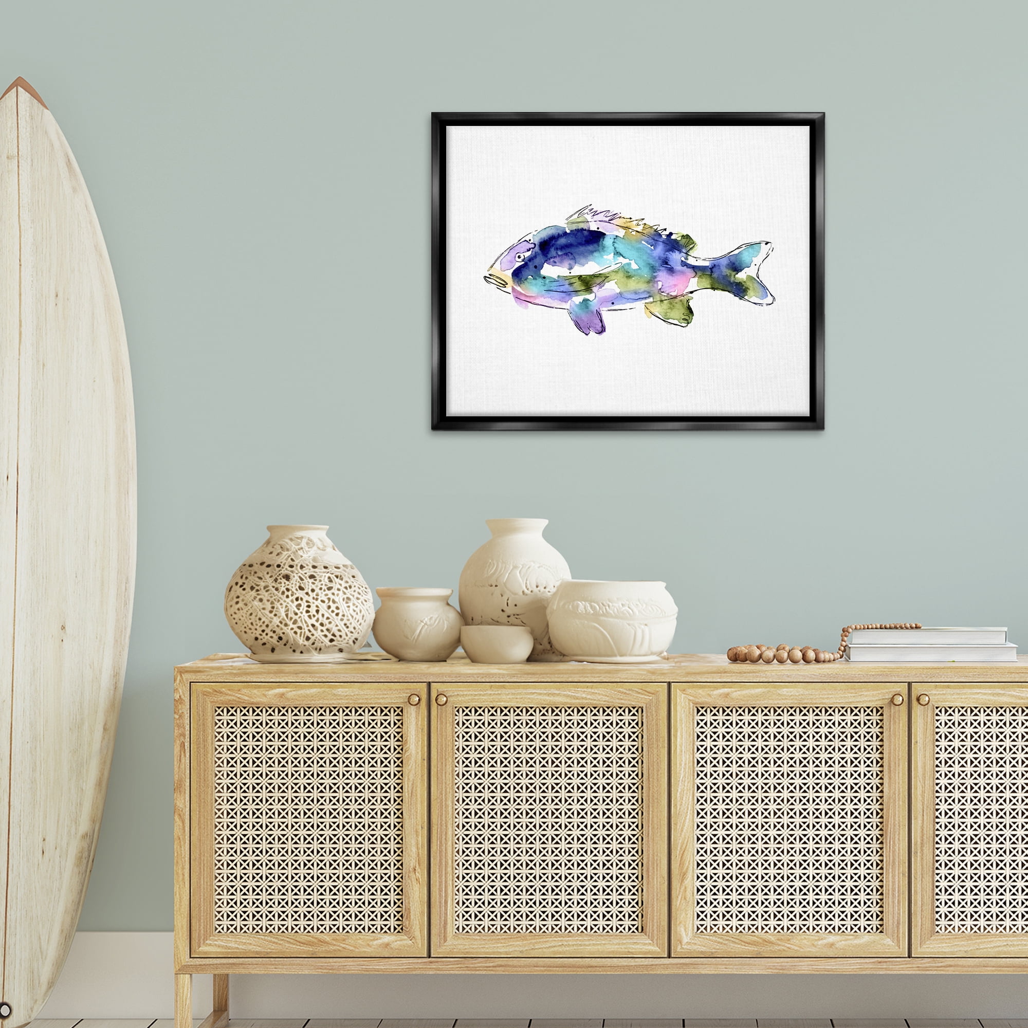 Stupell Industries Watercolor Style Fish Animals & Insects Painting Black Floater Framed Canvas Art Print Wall Art, 31 x 25