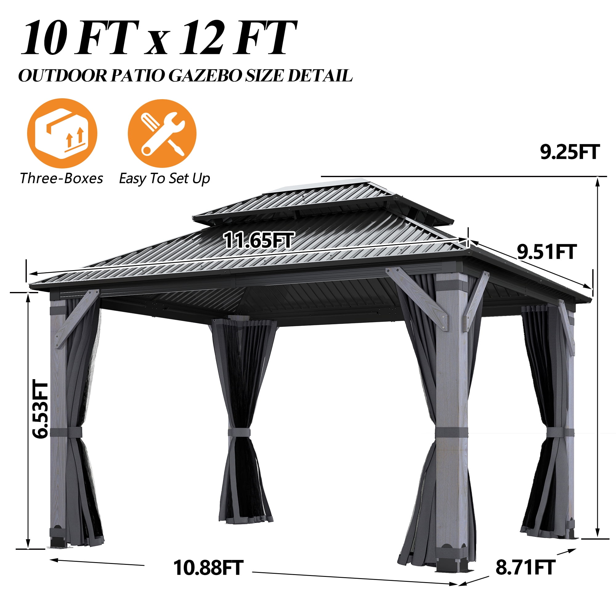 Howsvn 10 x 12 ft. Patio Cedar Wood Gazebo, Outdoor Double Roof Hardtop Wooden Gazebos with Curtains and Netting for Backyard, Deck