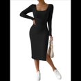 thumbnail image 3 of Vestido de Otoño para Mujer, Larga, Cuello Cuadrado, Tejido, Midi, para Playa, Resort, con Abertura, Maxivestido Ajustado. Negro L, 3 of 7