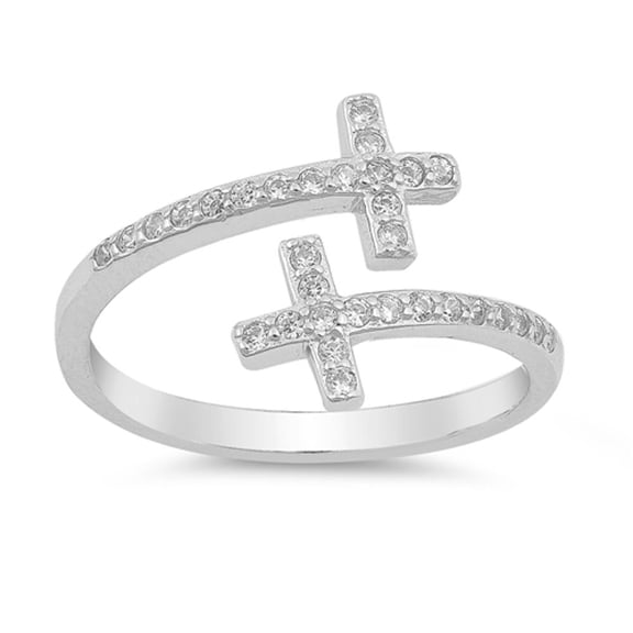Studded Double Cross Open Wrap Ring .925 Sterling Silver Band White CZ Jewelry Female Size 10