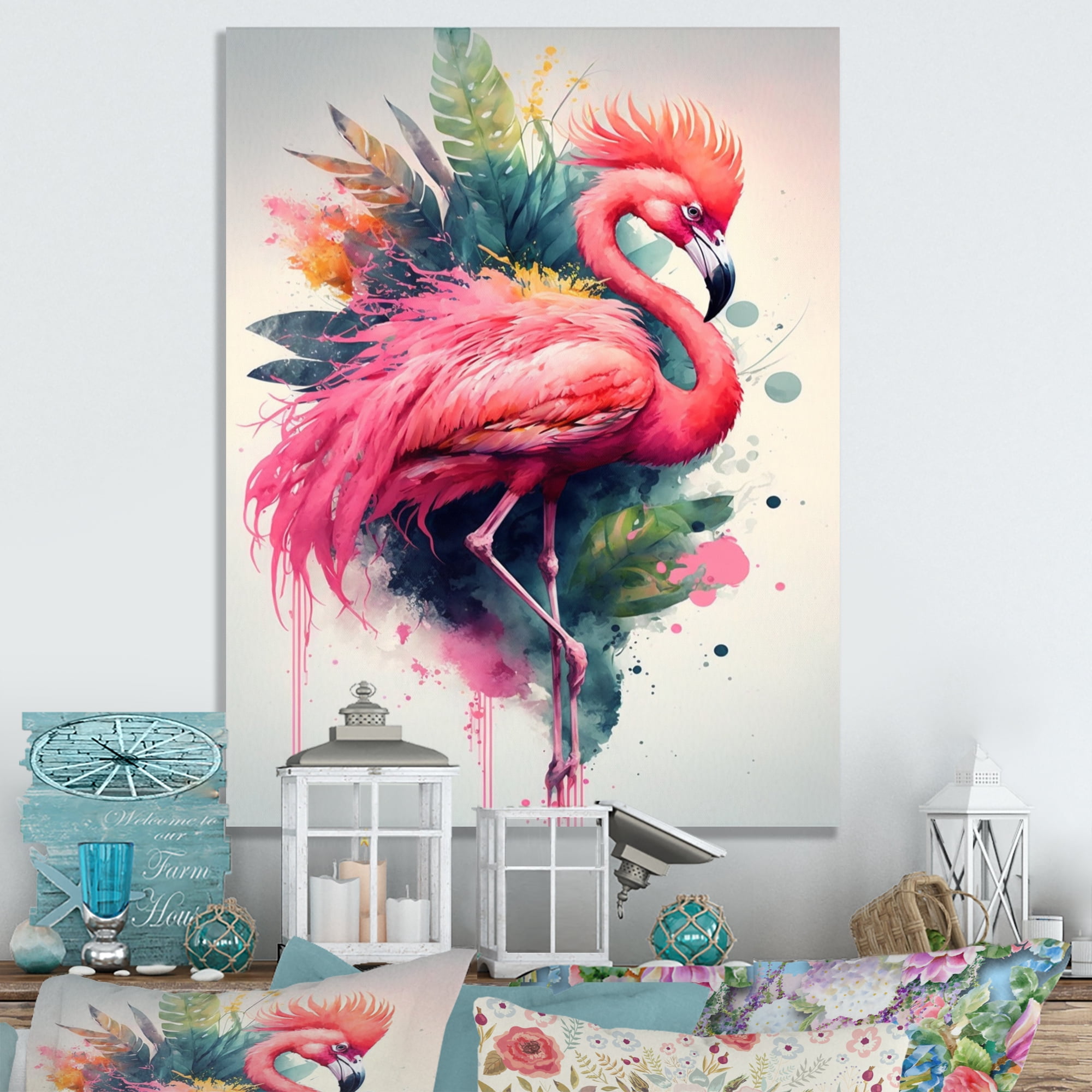 Designart Cute Flamingos Floral Art IV Canvas Wall Art
