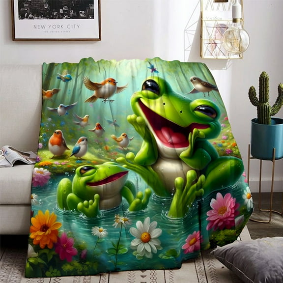 Ultra-Soft Frog-Themed Flannel Blanket Whimsical Forest Scene with Joyful Frogs & Colorful Flowers Perfect Birthday Gift for Frog Enthusiasts Cozy All-Season Throw for Car Sofa or Bed Decor