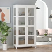 Erkang Wooden 4-Shelf Bookcase with Glass Doors Display Cabinet Storage Tall Cabinet White