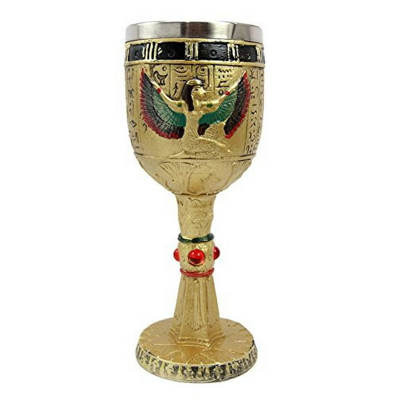 Egyptian Collectible Magical Goddess Of Wisdom Isis With Open Wings 6oz Resin Wine Goblet Chalice With Stainless Steel Liner 7.25"H