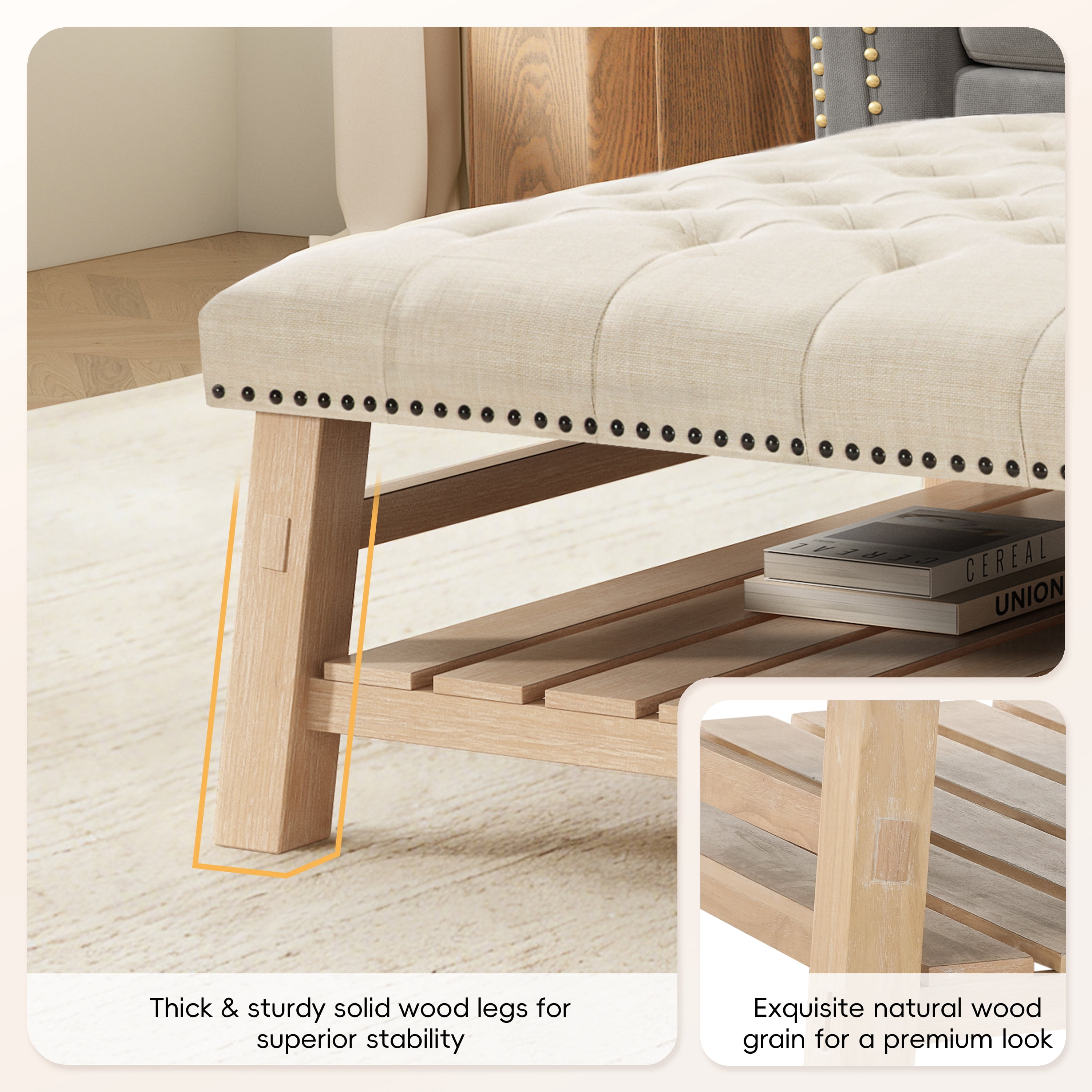 GARITIN Tufted Square Ottoman 41.5 Inch, Large Upholstered Footstool Coffee Table with Slatted Storage Shelf and Nailhead Trim, Beige
