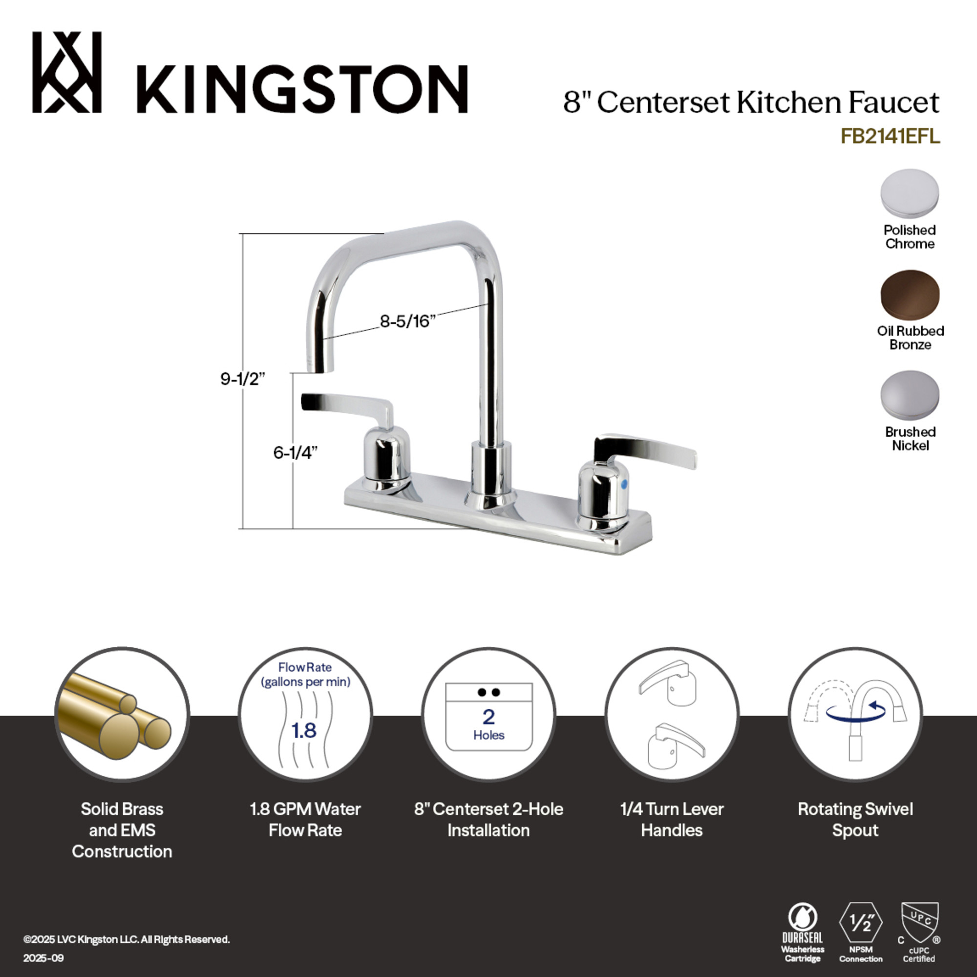Kingston FB2141EFL Centurion Two-Handle 2-Hole 8" Centerset Kitchen Faucet in Polished Chrome