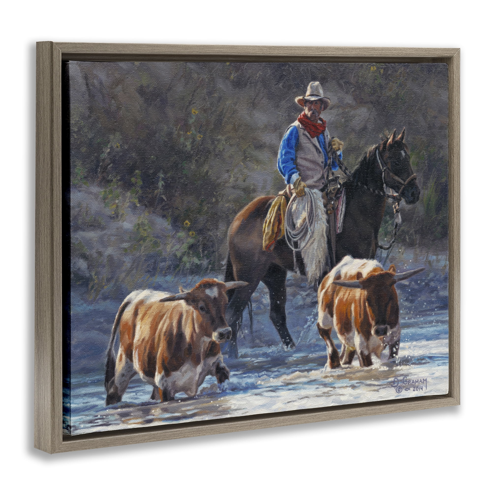 Stupell Industries Cowboy Crossing River Animals & Insects Painting Brown Floater Framed Canvas Art Print Wall Art, 21 x 17