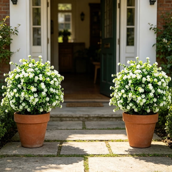 Artificial Camellia Bouquet 17.7in - White Fern Faux Flowers for Outdoor Decor, No Maintenance Plastic Plant for Garden, Courtyard, Yard, Porch, Patio