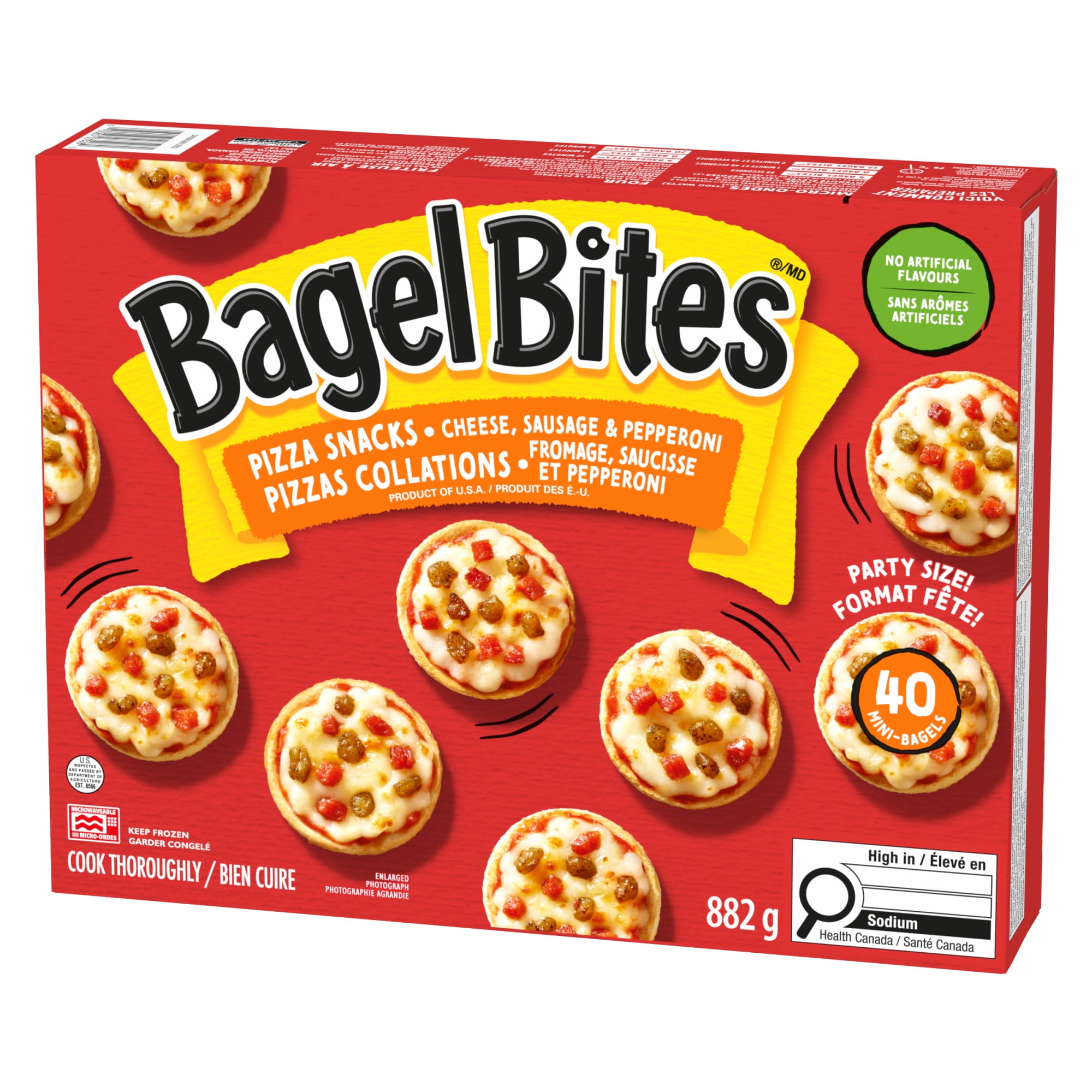 Pizzas Collations Surgelées Fromage, Saucisse Et Pepperoni Bagel Bites, Boîte De 40 Mini-Bagels 882g