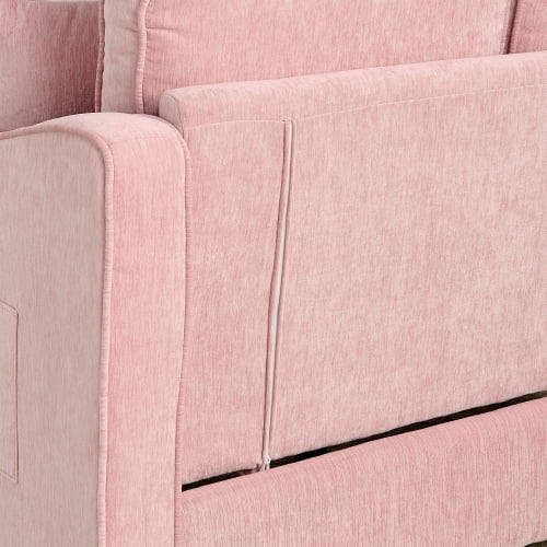 2-Seater Sofa Modern Chaise Lounge with Storage Footrest, Irregular Curved Armrests, Plush Checkered Cushions, 2 Throw Pillows, Pink