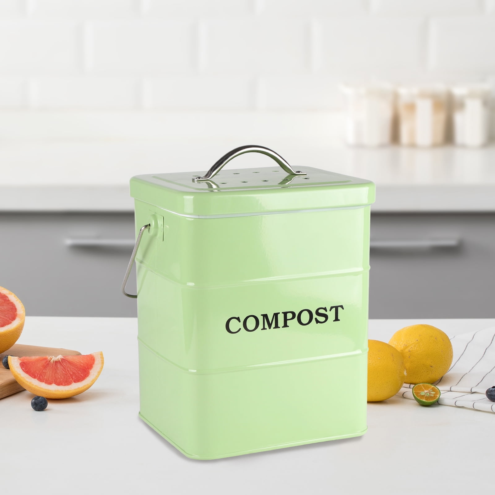 Pethiy 1 Gallon Compost Bucket for Kitchen, Countertop Indoor Compost Pail with Charcoal Filter for Odor-Free Food Scraps, Carbon Steel with Handles, Green
