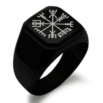 Stainless Steel Vegvisir Viking Compass Engraved Square Flat Top Biker Style Polished Signet Ring