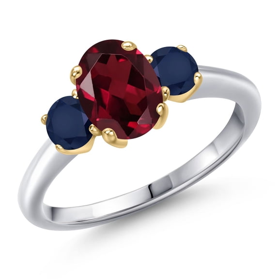 Gem Stone King 10K Two Tone Gold Red Rhodolite Garnet and Blue Sapphire Engagement Ring for Women | 2.05 Cttw | Oval 8X6MM | Gemstone January Birthstone | Size 6