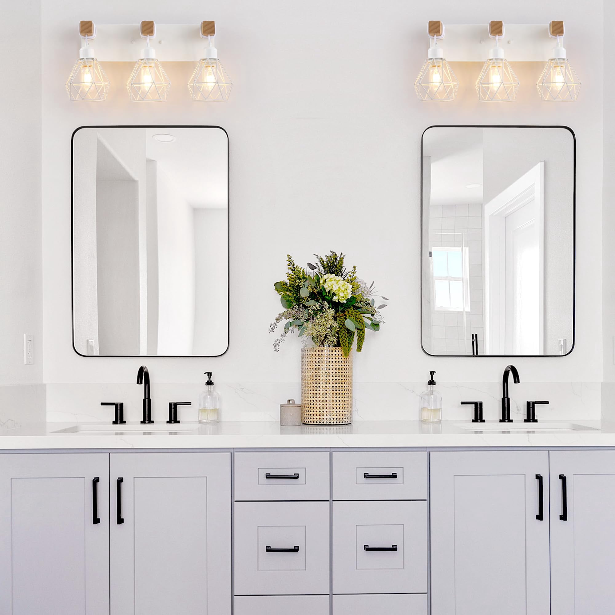 White Bathroom Vanity Light Fixtures  3-light Wood Over Mirror Rustic Sconces Wall Lighting With Elegant Metal Lampshade For Living Room Bedroom Hallway