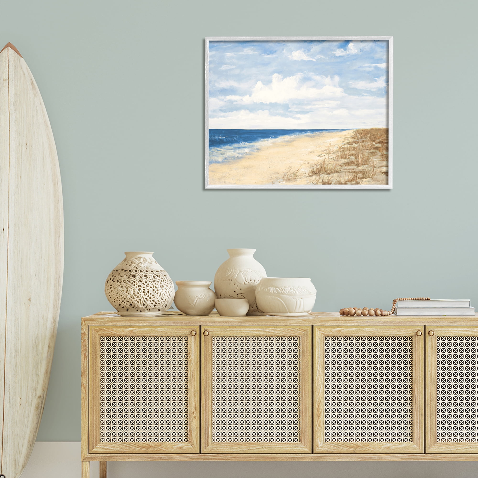 Stupell Industries Calm Beach Painting Coastal Painting White Framed Art Print Wall Art, 30 x 24