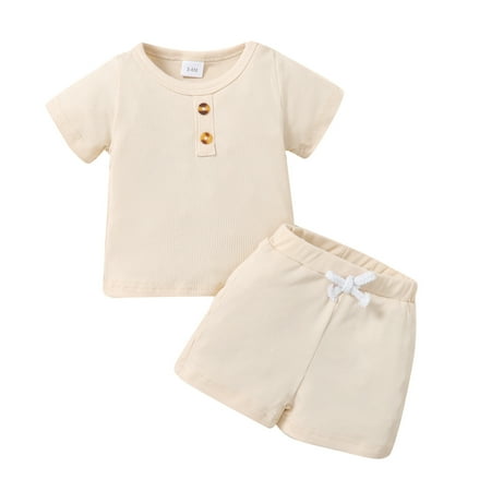 

Toddler Baby Boy Girl Clothes Summer Knit Short Sleeve Buttons T Shirt Elastic Waist Shorts Set Outfits For 18-24 Months