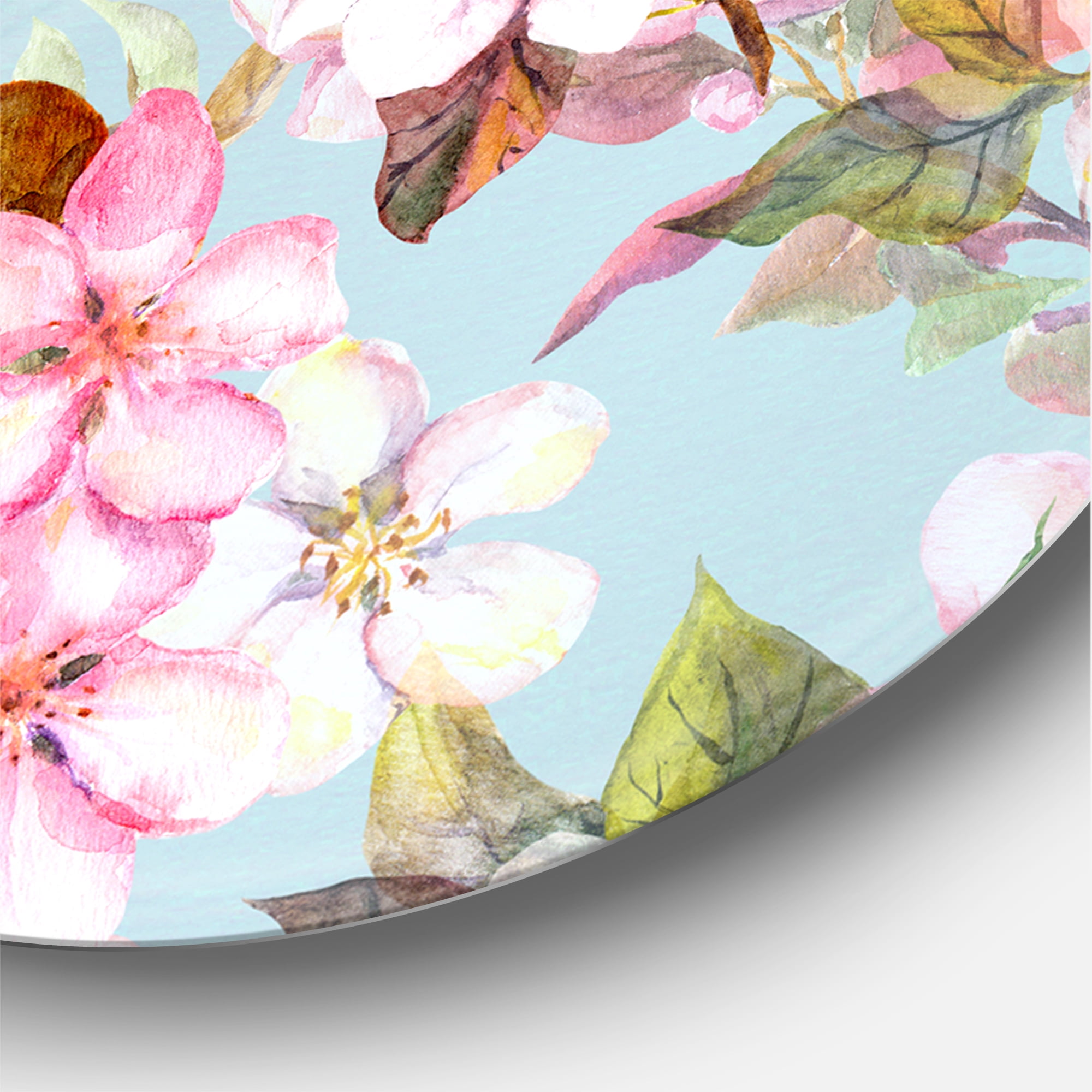 Designart 'Birds On Pink Cherry Sakura and Apple Flowers II' Traditional Circle Metal Wall Art 36x36 - Disc of 36