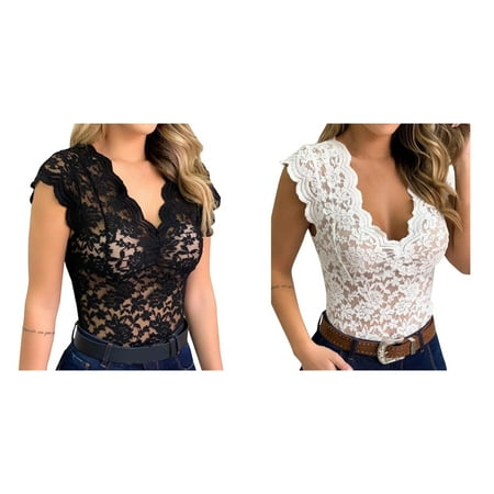 2-Pack Women Shirt Lace Shirt See Through Casual Slim Fit Tops Plus Size Short Sleeve Deep V Neck Temperament Trim Plunging Neck Lace Lingerie Top Vest Size S 5XL plus Size Push up Lingerie Womens