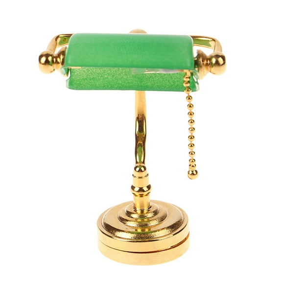 Miniature LED Desk Lamp for 1/12 Scale Dollhouses with Elegant Green Shade and Gold Chain Dollhouses Decoration