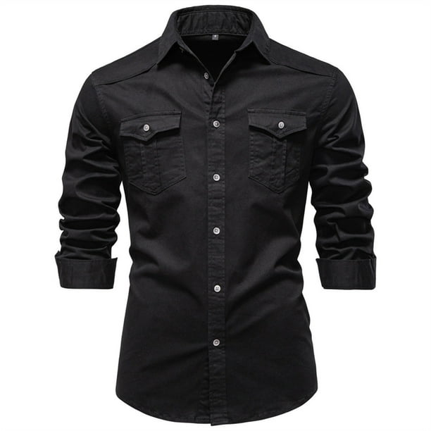 pstuiky camisas de manga larga para hombre, Blusa informal de manga larga con botones y parches lisos para hombre camisetas de hombre xl