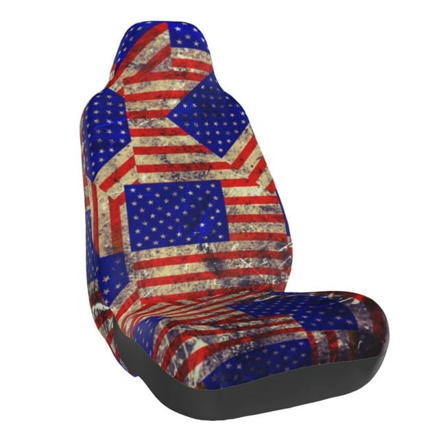 Wukai Vintage USA Flag Full Set Car Seat Covers with Soft Padding Universal Auto Front Seats Protector and Cushion Mat