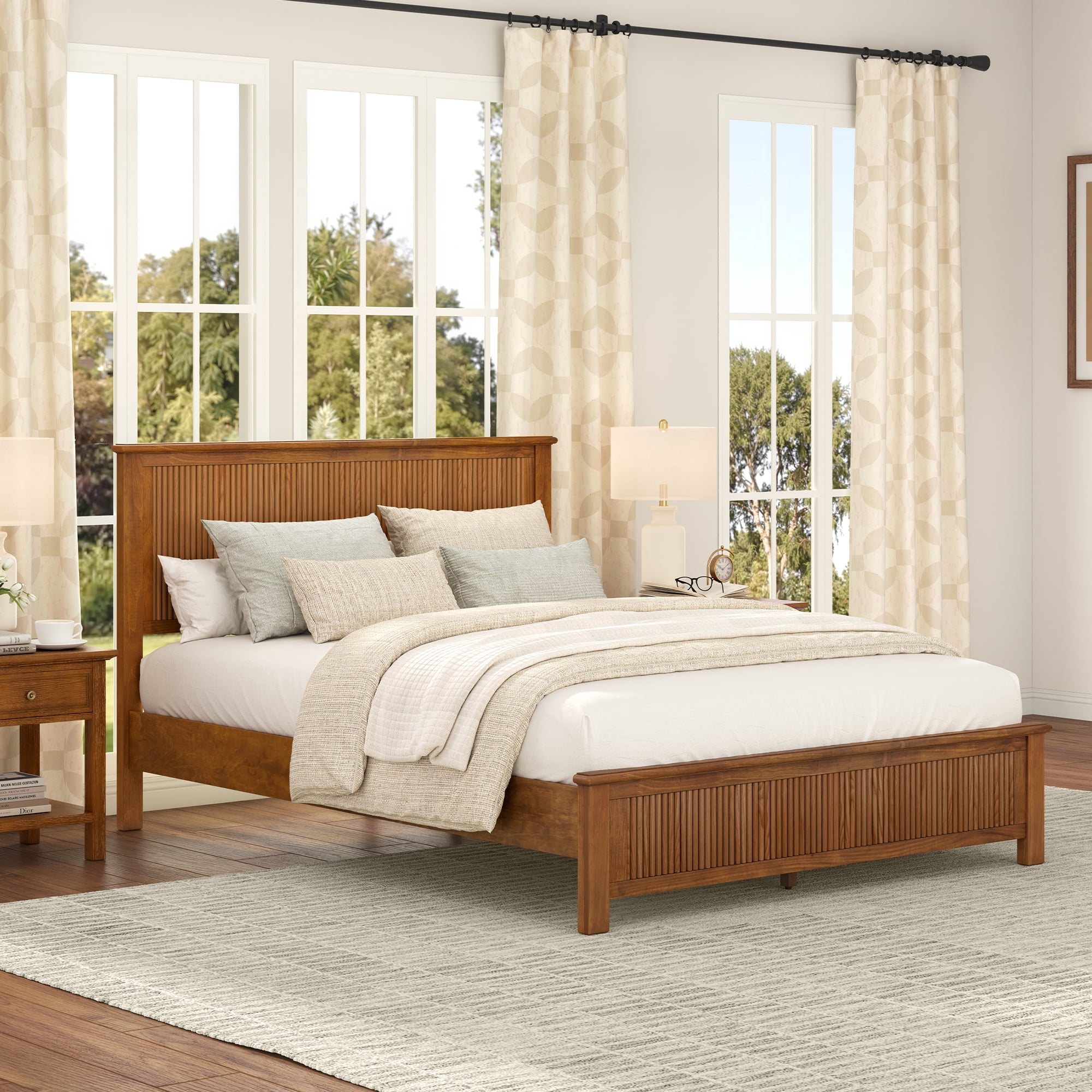 Carolayne Queen Size Bed Frame with Headboard, Mid Century Modern Style for Bedroom, Brown