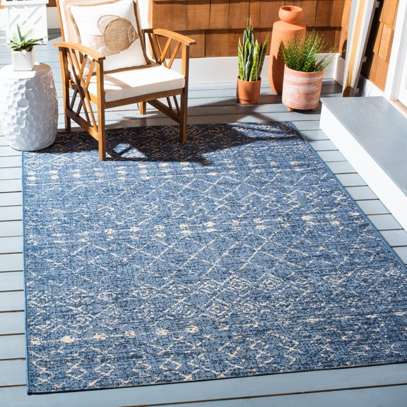 Safavieh Courtyard Searlait Geometric Indoor/Outdoor Area Rug, Blue/Ivory, 4' x 5'7"
