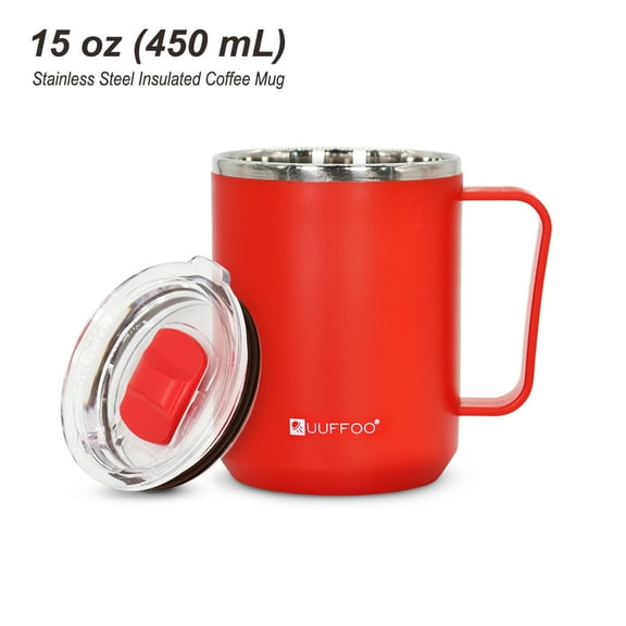 UUFFOO 15oz Coffee Mug, 450mL Travel Stainless Steel Double Wall Insulated Thermos Coffee Cup with Lid, Red