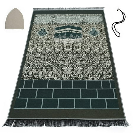 

SAQENZA Prayer Rug Prayer Mat Free Prayer Beads and Free Prayer Cap Great Ramadan Gift Eid Gift for Men Women and Kids (Kabe Green)…