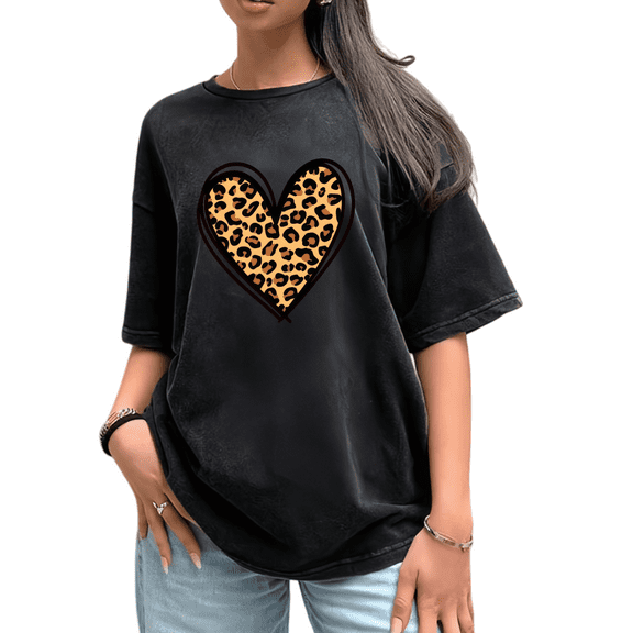 Washed Black Leopard Heart Print Tshirt Graphic Tees Shirts Aesthetic Retro S-2XL Tops