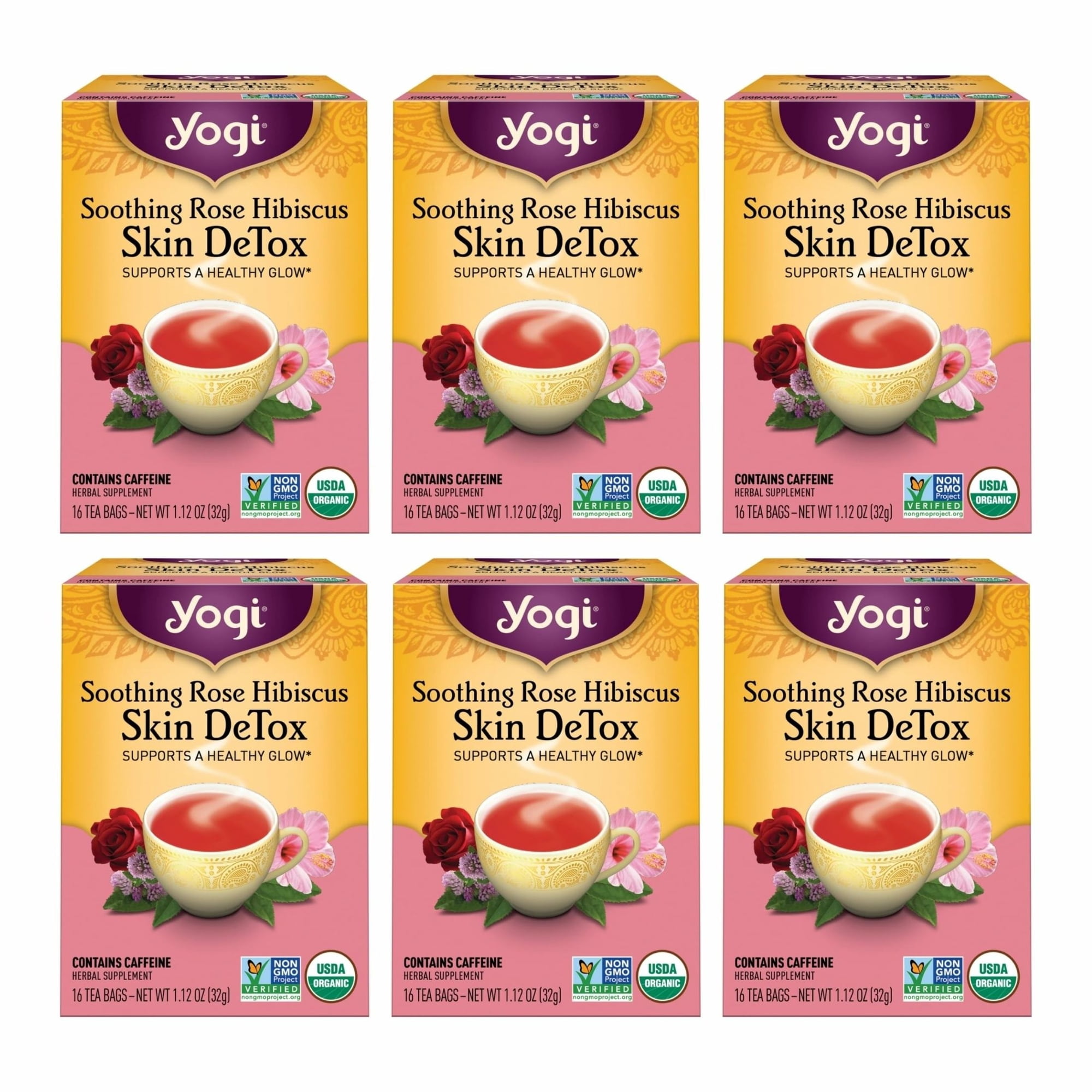 Yogi Tea Soothing Rose Hibiscus Skin DeTox Tea - 16 Tea Bags per Pack (6 Packs) - Organic DeTox Tea to Support Skin Health - Includes Green Tea Leaf, Rose Petal, Honeybush Leaf, Hibiscus & More
